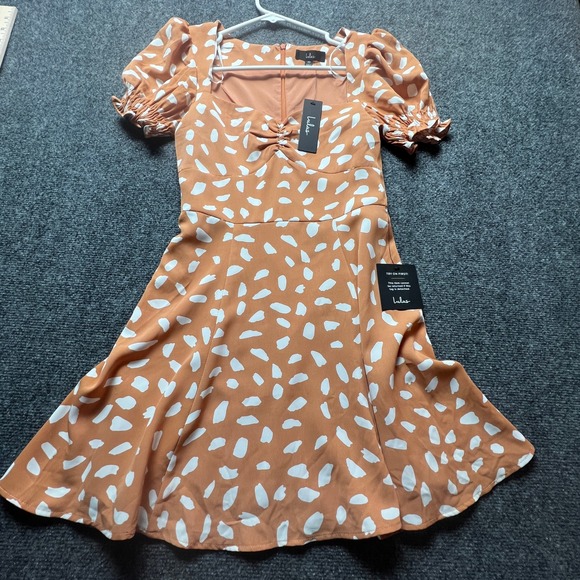 Lulus Dresses & Skirts - Lulus New w/tags Orange White Abstract Dot Puff Sleeve Mini Swing Dress XS